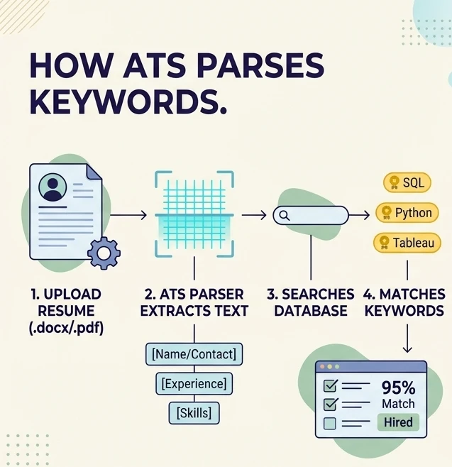Diagram explaining how applicant tracking systems parse resume text and a comparison table of weak versus strong ATS keyword integration.