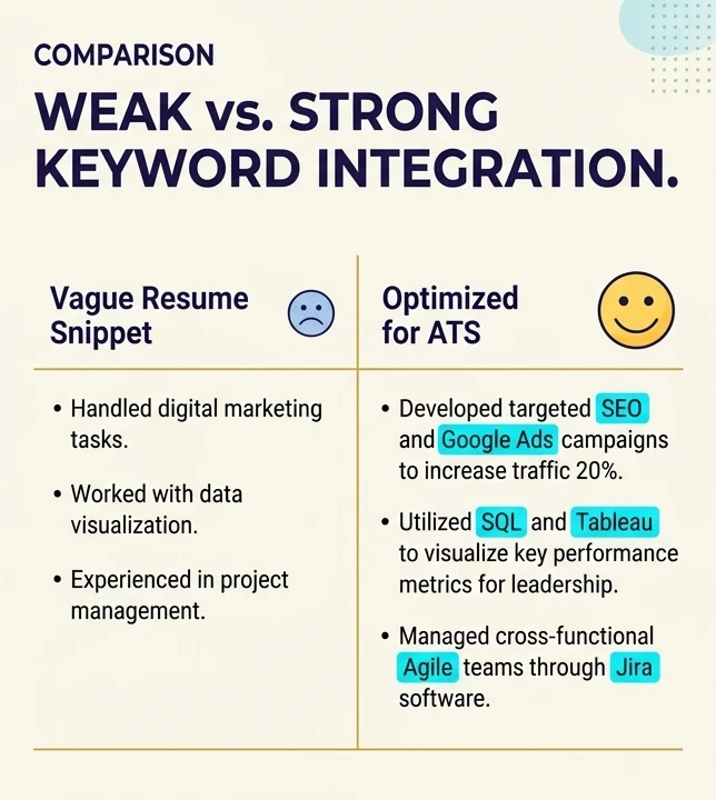 Infographic showing optimal resume keyword placement across the summary, work experience, and skills sections while warning against keyword stuffing.