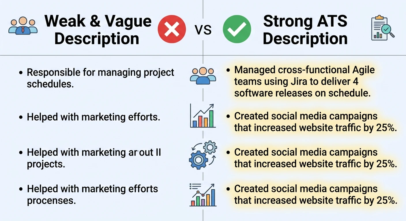 Comparison graphic showing weak vague resume descriptions versus strong ATS-optimized descriptions with quantifiable results.